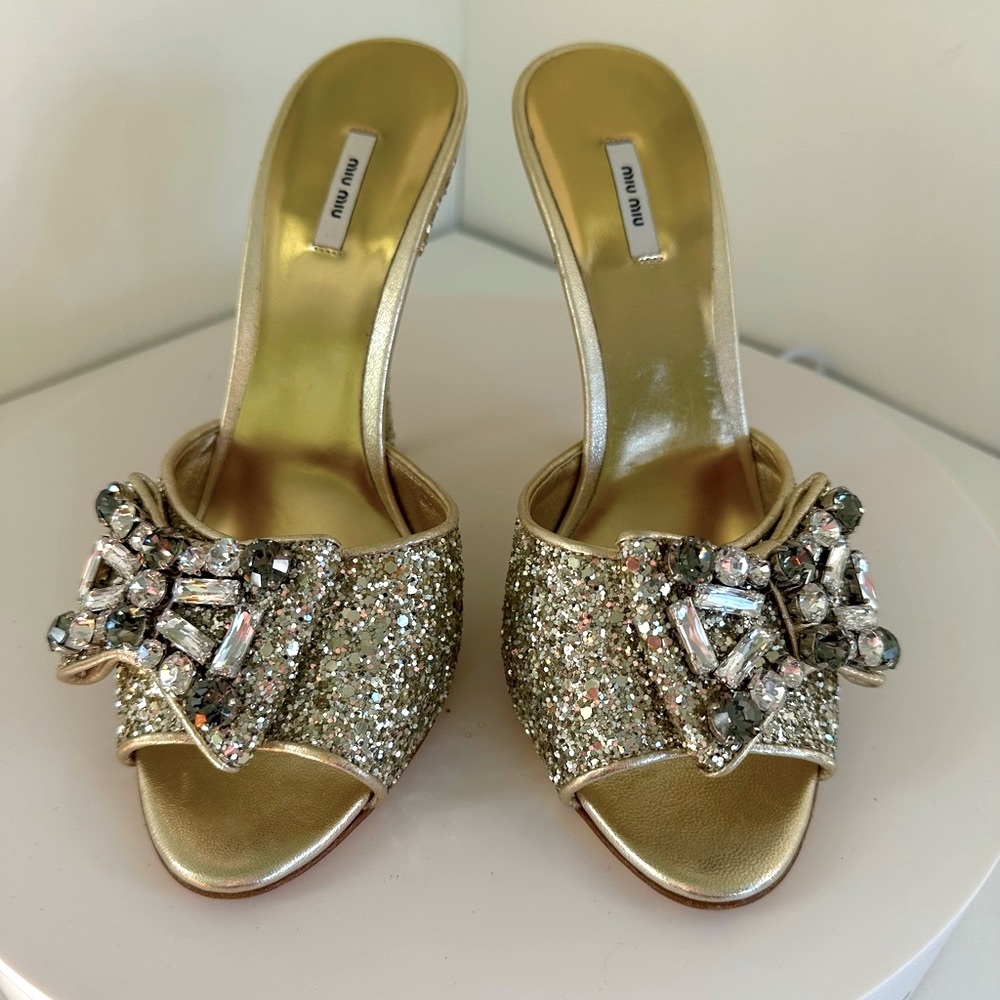 Miu Miu gold and gorgeous slide sandals 4.5-inch heels in 7.5 size